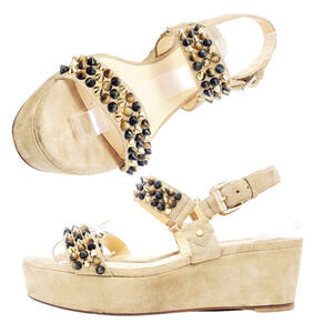 Christian Louboutin Platform Sandals‎ Flat Wedge Gold Brown Spike Stud Tan EU 38